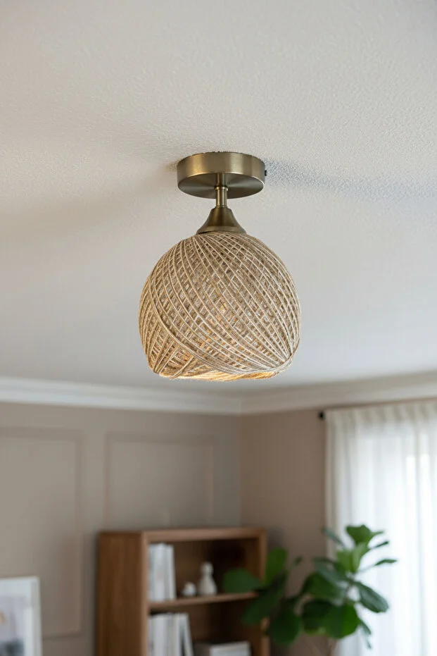 Bohem Recycle İplik Jüt El Yapımı Bej Piramit Plafonyer Başlık Tekli Modern Aydınlatma